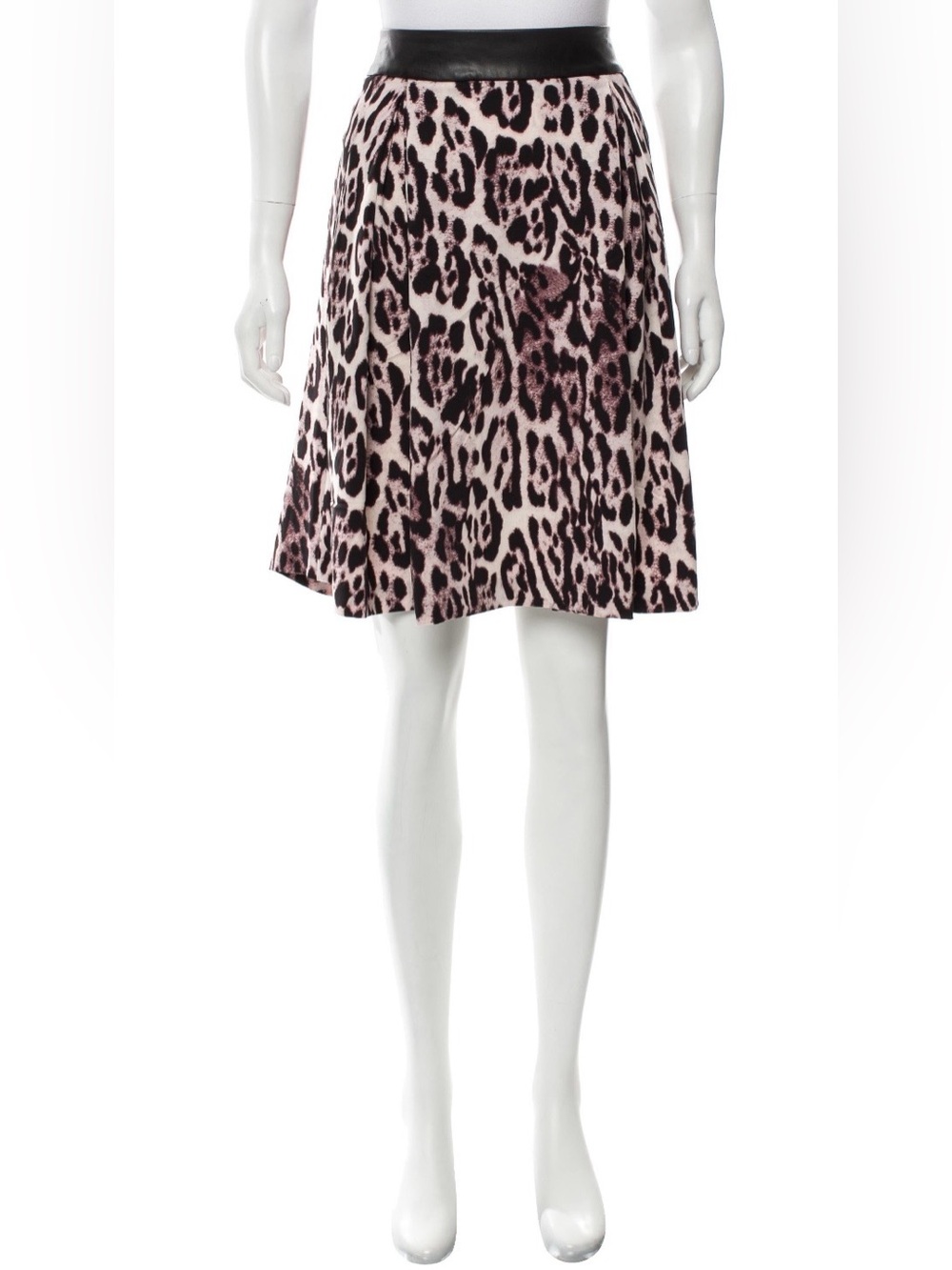 Robert Rodriguez Leopard Print A-Line Skirt with Leather Trim